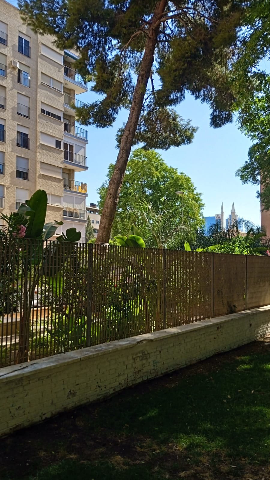 Fachada sur del edificio con jardín arbolado