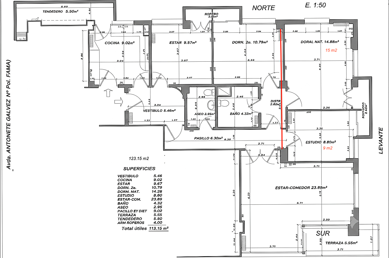 Plano técnico de distribución del piso en Avda. Antonete Gálvez Nº 6: 4 habitaciones, 2 baños, cocina, estar, estar-comedor, estudio, terraza y tendedero, escala 1:50
