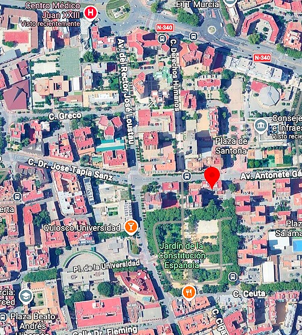 Mapa de la ubicación del piso en Av. Antonete Gálvez 6, Murcia, edificio marcado con recuadro rojo