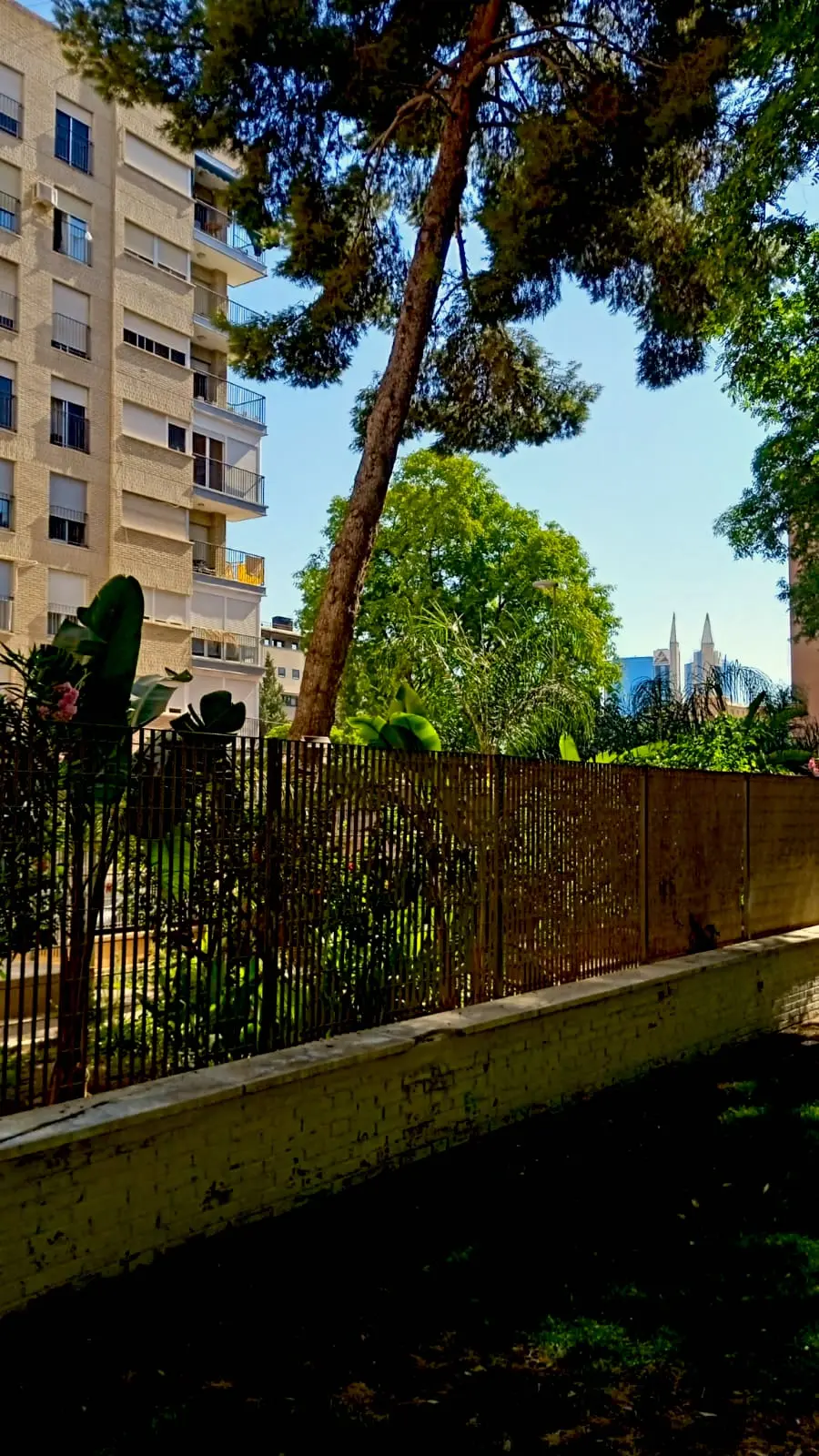 Fachada Sur del edificio con jardín arbolado