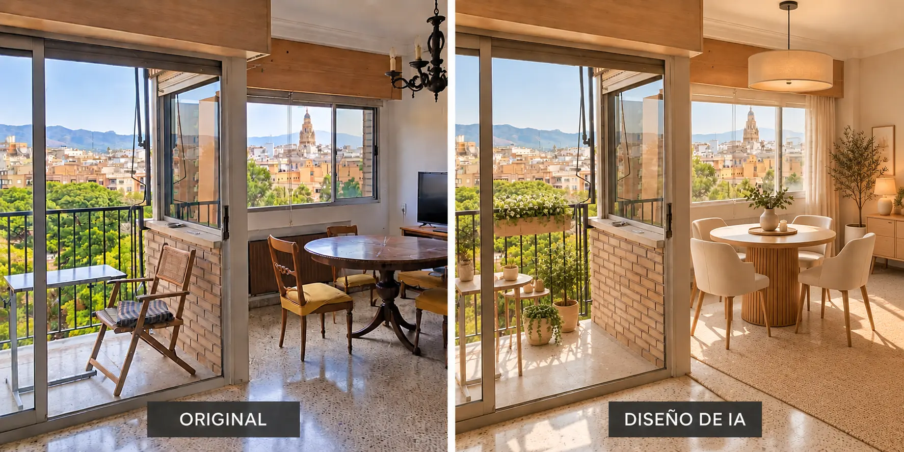 Comparativa del salón-comedor y terraza: estado actual a la izquierda y propuesta de diseño generada con IA a la derecha