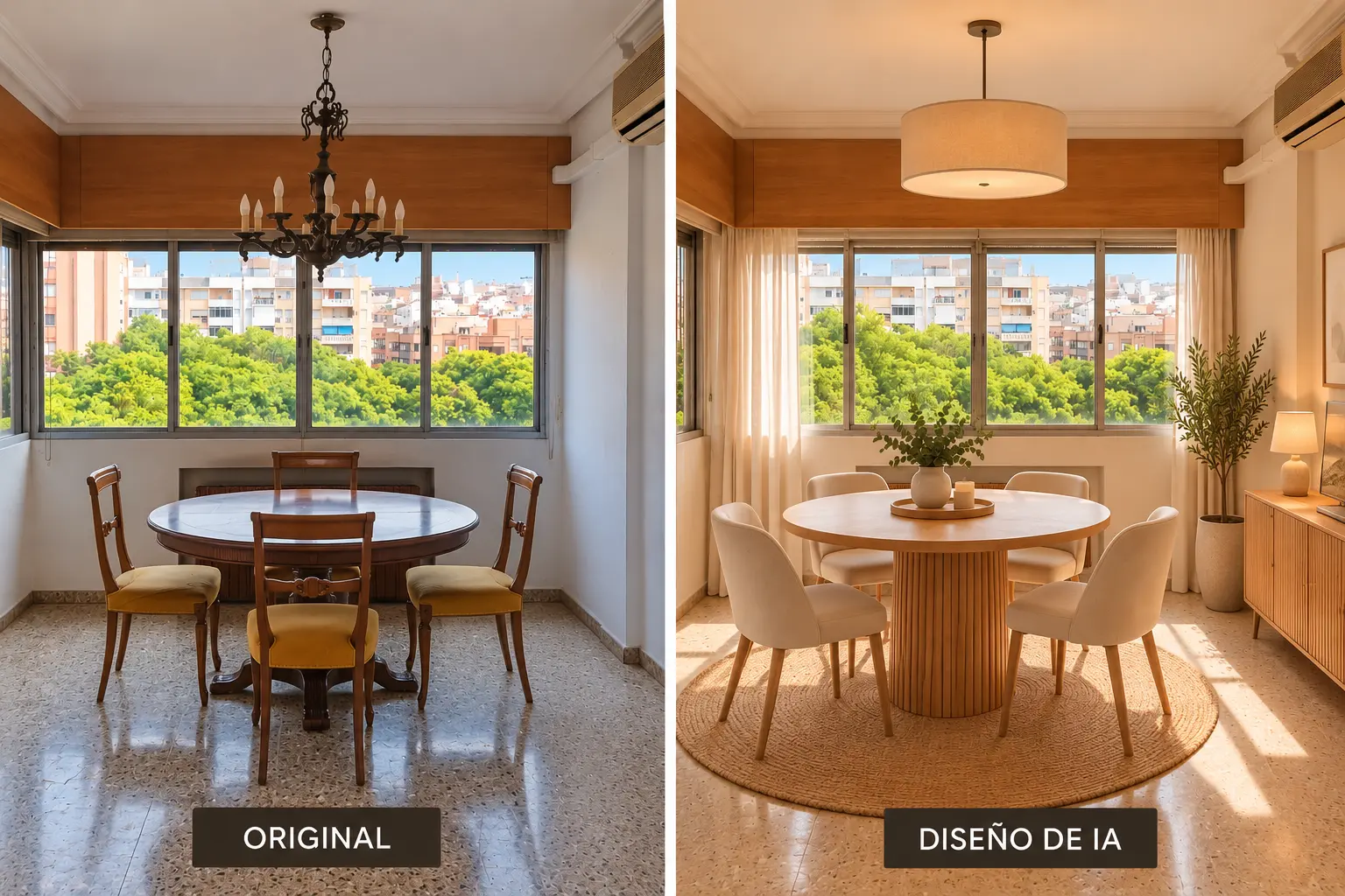 Comparativa del salón-comedor : estado actual a la izquierda y propuesta de diseño generada con IA a la derecha