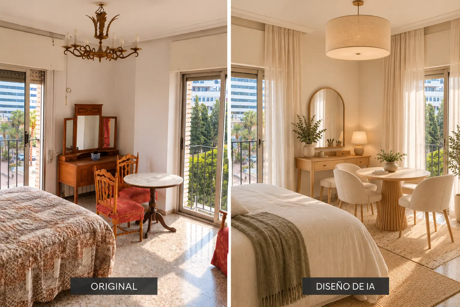 Comparativa del salón-comedor y balcón: estado actual a la izquierda y propuesta de diseño generada con IA a la derecha