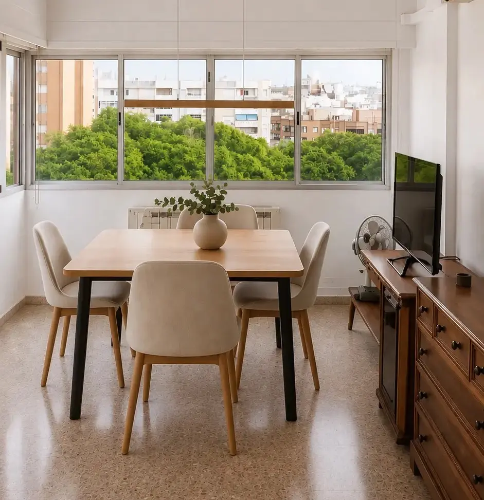 Detalle del salón con vistas hacia el exterior