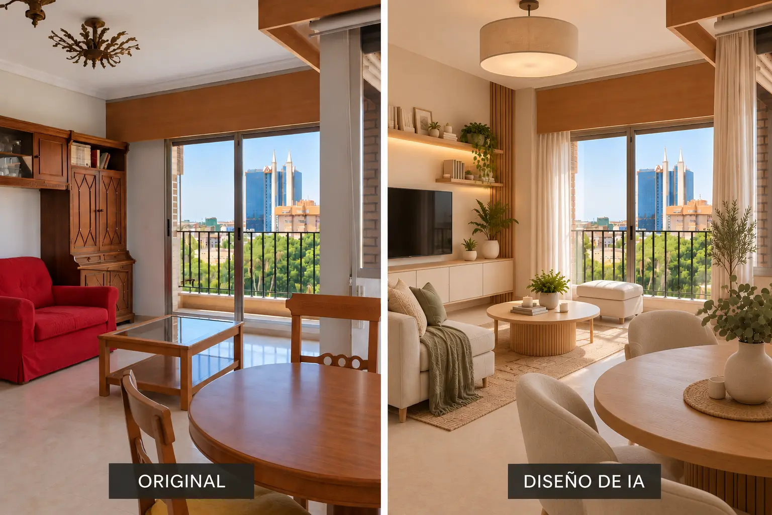 Comparativa del salón-comedor : estado actual a la izquierda y propuesta de diseño generada con IA a la derecha